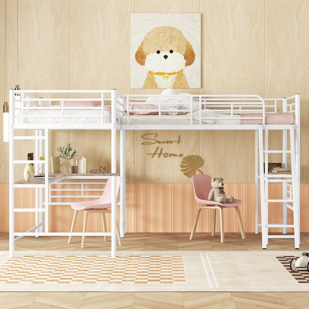 okwish Hochbett 90*200cm, zwei Etagenbetten mit Tisch unter dem Bett, Doppeltreppe, hohes Geländer, ohne Matratze- Weiß