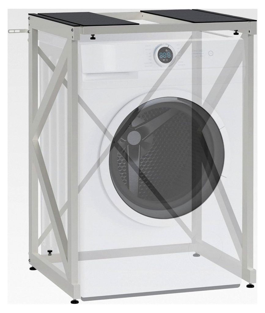 Waschmaschinenregal Caleb I Waschturm für bis zu zwei Haushaltsgeräte I Waschmaschinenüberbau aus Stahl I Wäschetrocknerständer, Farbe: Weiß
