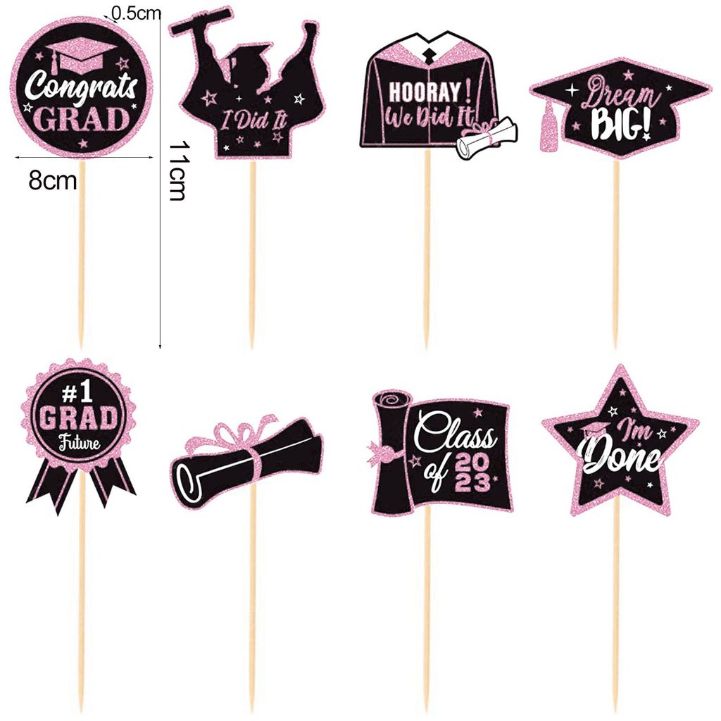 1 Set Cupcake Topper mit Bambusstangen Glitzer Hat Diploma Gown Star 2023 Abschlussfeier Kuchendekoration Pick Cake Supplies-Rosa