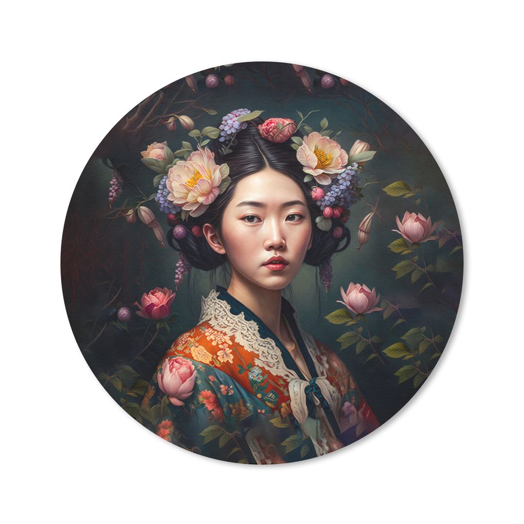 MuchoWow Mauspad Mousepad Frau - Blumen - Kimono - Porträt - Asiatisch 50x50 cm - Mousepads - Maus Mat - Pad - Mausunterlage - Vinyl