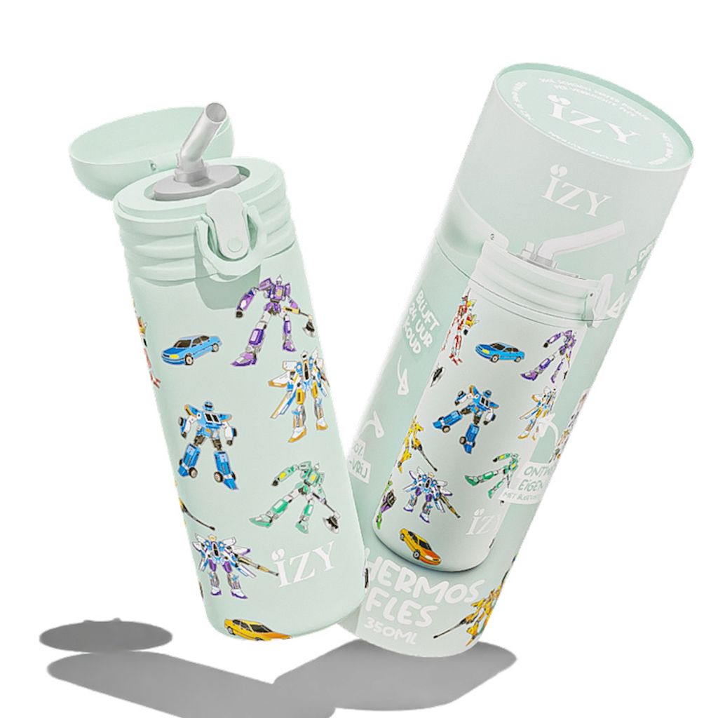 IZY Trinkflasche, Grün, Wasserspende, Trinkflasche Kinder, Wasserflasche mit Strohhalm, Thermobecher, BPA-frei, Trinkflasche aus rostfreiem Stahl,...