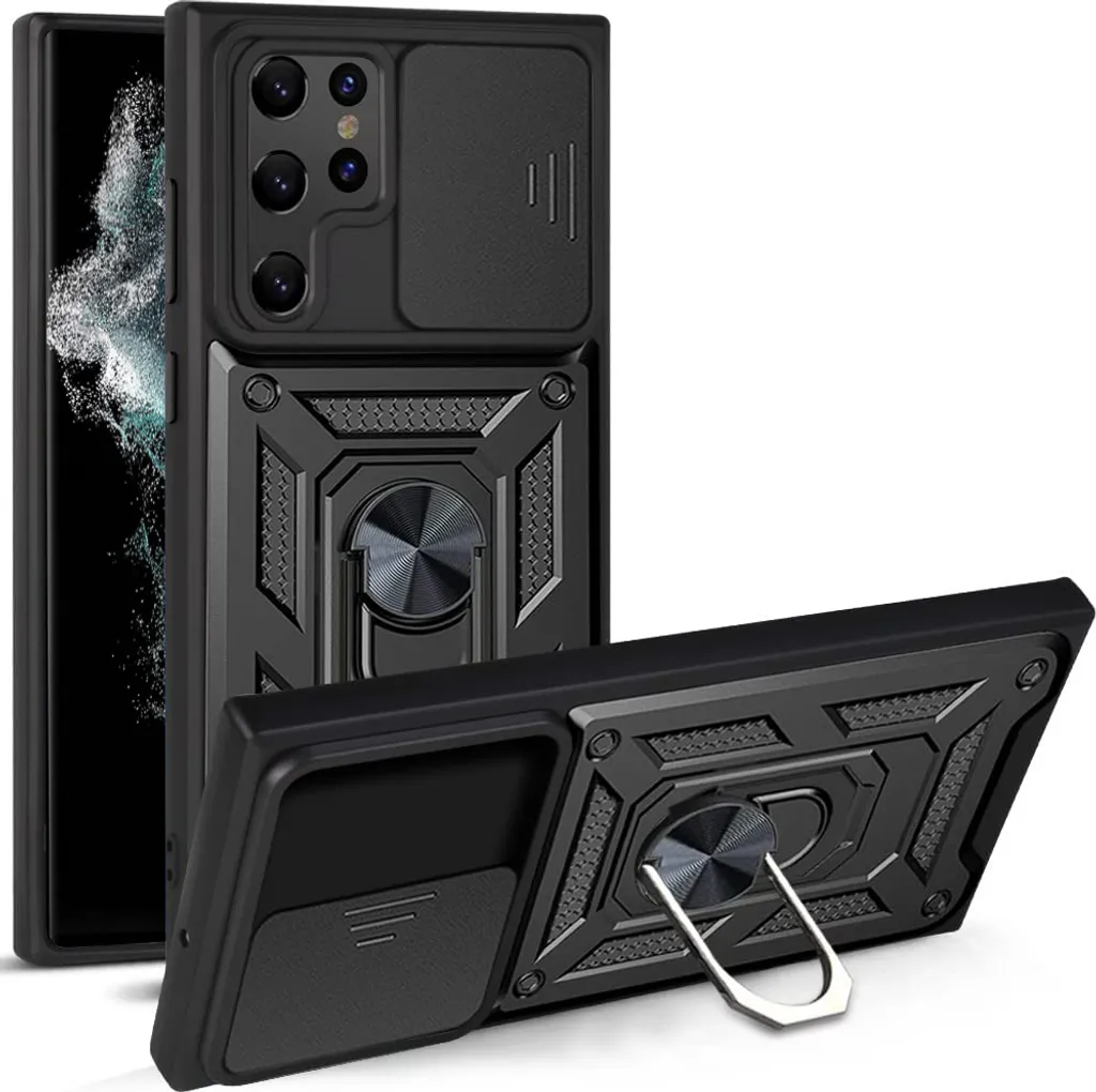 Custodia Samsung S23 Ultra con Anello e Protezione Fotocamera Nero