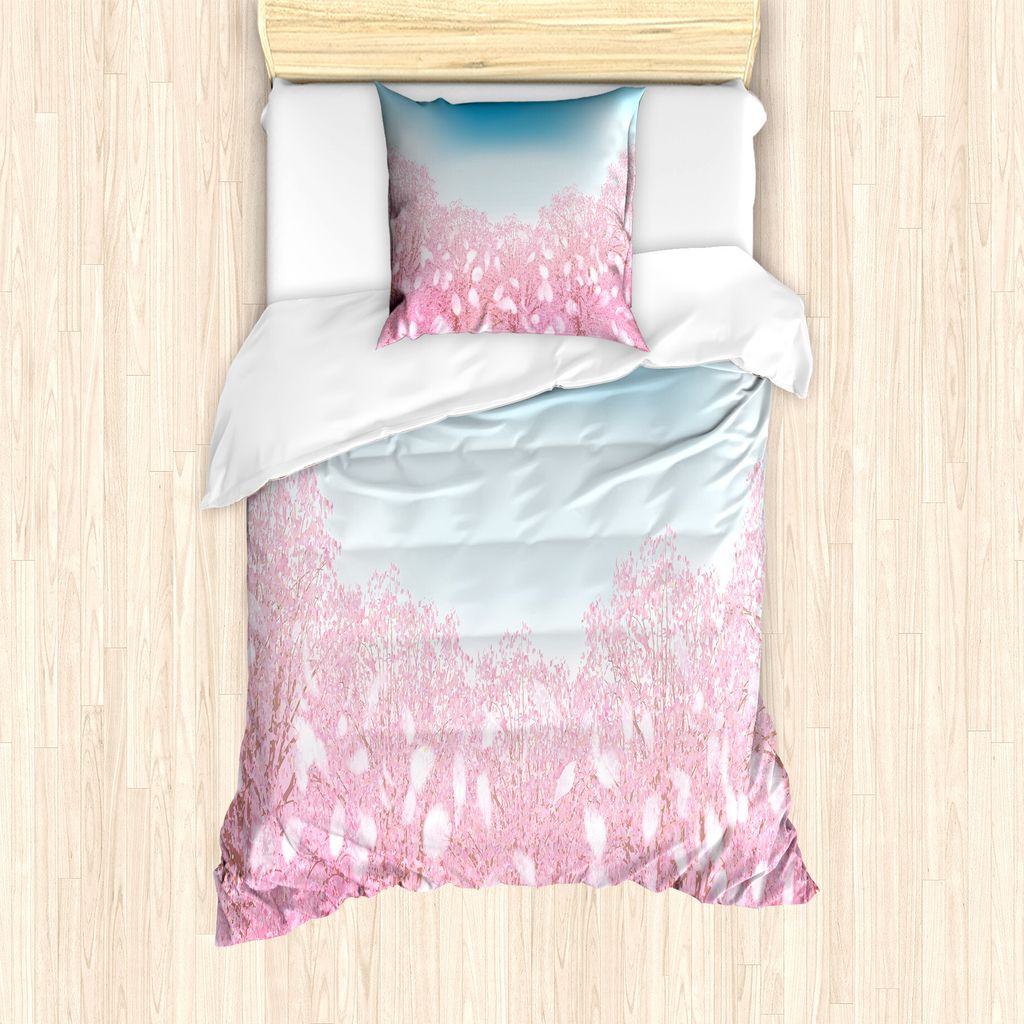ABAKUHAUS Blau und Pink Bettbezug Set für Einzelbetten, Kirschblüten-Ansicht, Milbensicher Allergiker geeignet mit Kissenbezug, 135 cm x 200 cm -...