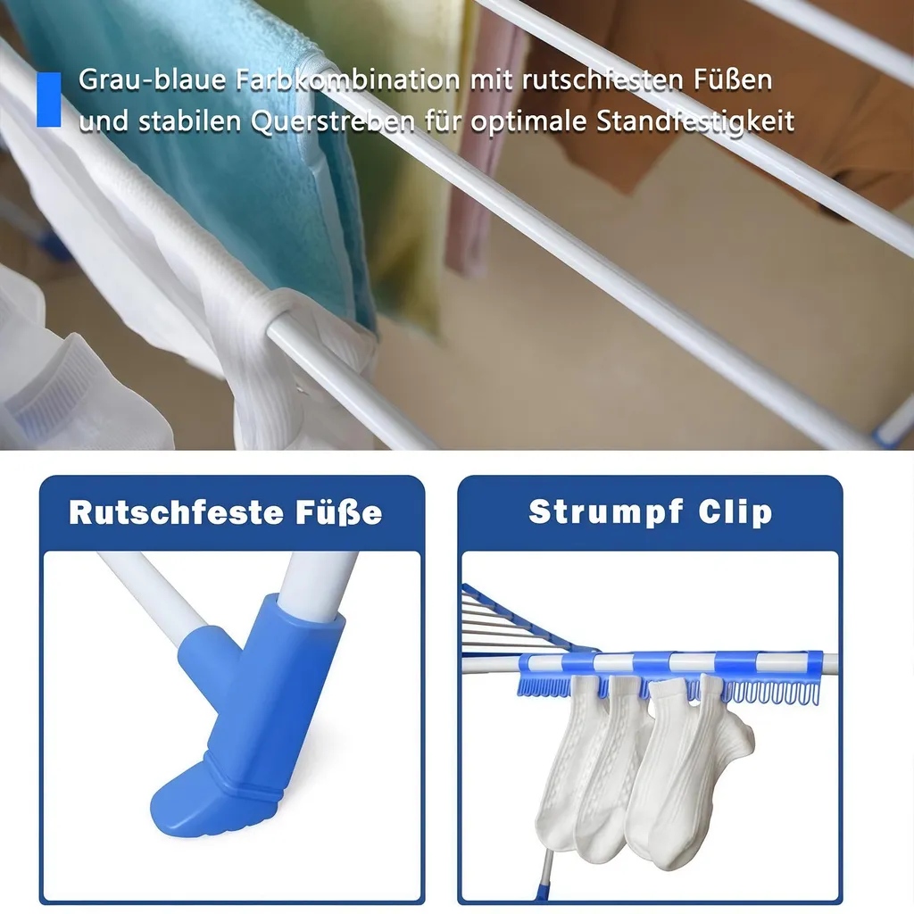 Séchoir à linge pliable bleu ultra stable avec rangement peu encombrant
