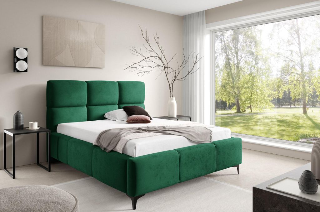 Polsterbett SENTO, 200x200 cm, Doppelbett mit Bettkasten, Velourstoff, Frabe: Grün