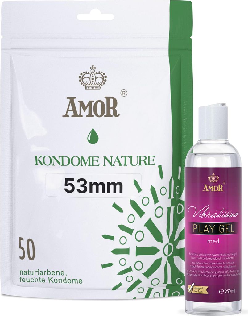 Vibratissimo Play Gel med 250 ml & AMOR Kondome Nature 50er Pack | Wasserbasiertes Gleitgel & Kondome 53 mm breit | Lubricant Gel Für Toys & Latex...
