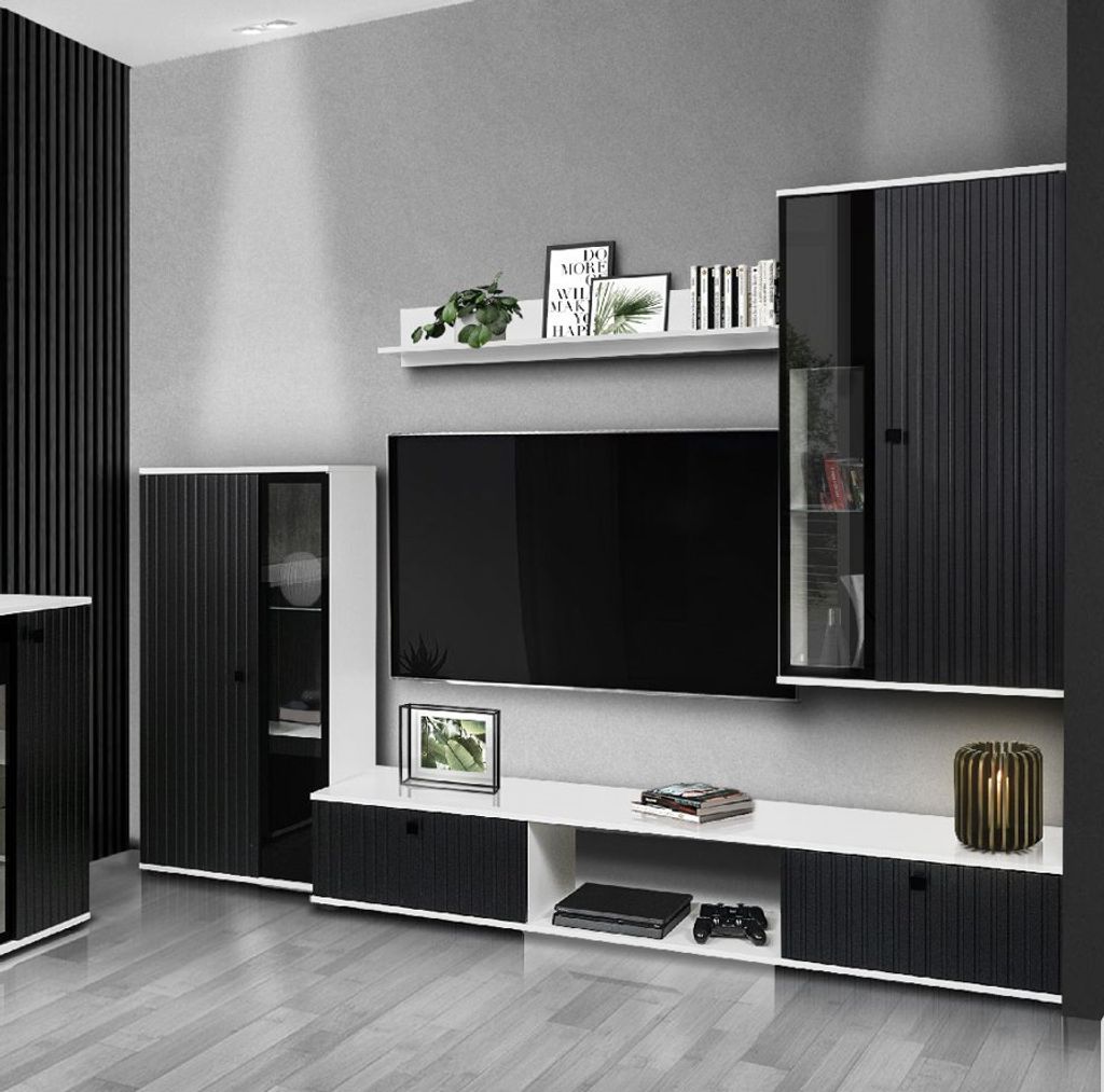 Wohnwand SALSA MDF Front mit LAMELLEN-Fräsung Schrankwand TV-Schrank + Wandregal + 2xVitrine Sideboard Wohnkombi Wohnzimmer Anbauwand Schwarz /Weiß