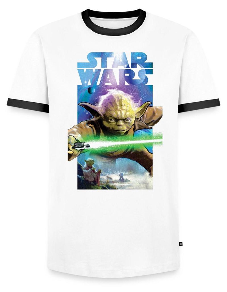 Star Wars Meister Yoda Und Grünes Lichtschwert Männer Kontrast T-Shirt, 3XL, Weiß/Schwarz