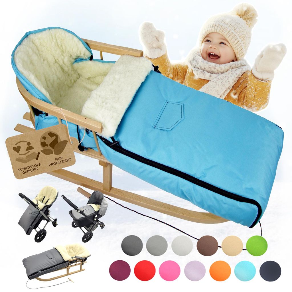 BAMBINIWELT HOLZSCHLITTEN mit Rückenlehne (90cm) + WINTERFUßSACK (108cm) Kinderwagen WOLLE türkis