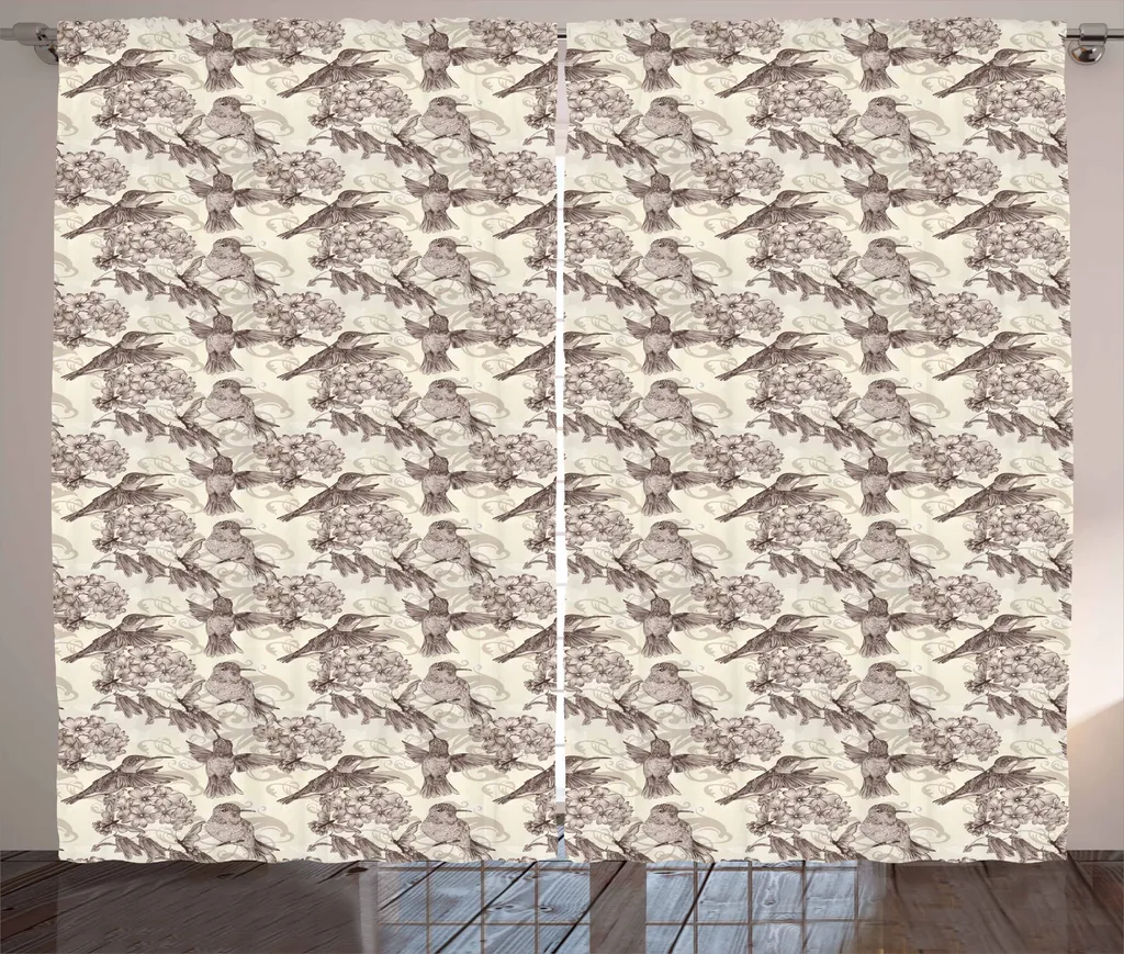 ABAKUHAUS Uccelli Tenda rustica, colibrì dal petto rosso, camera da letto Tenda con passanti e ganci, 280 x 175 cm, grigio scuro e avorio