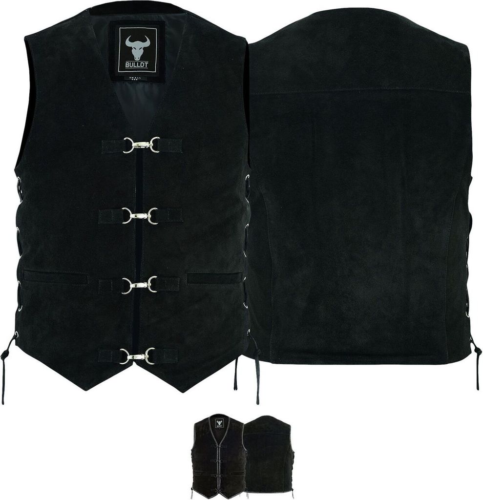 BULLDT Motorrad Kutte Veloursleder weste Suedeleder Bikerweste Motorradweste schwarz, Größe:48/S, Design:D2