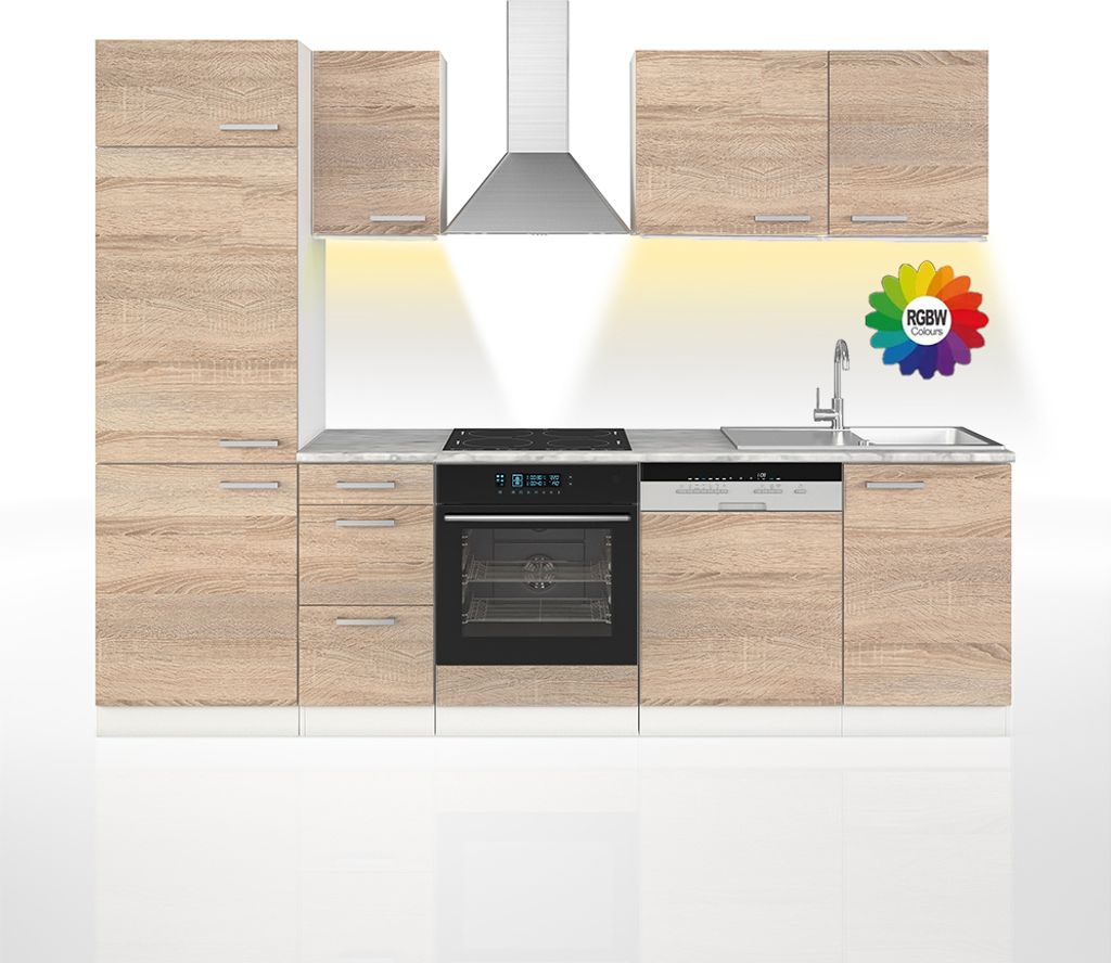 Küchenzeile Vicco Optima Sonoma/Weiß 270 cm ohne Arbeitsplatte mit LED-Leisten, Model 51950