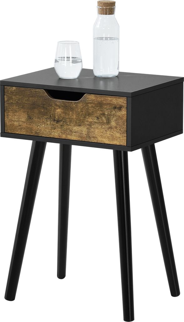 A black side table with a wooden drawer front and three black legs, shown against a white background. A glass of water and a bottle of water are on top of the table.