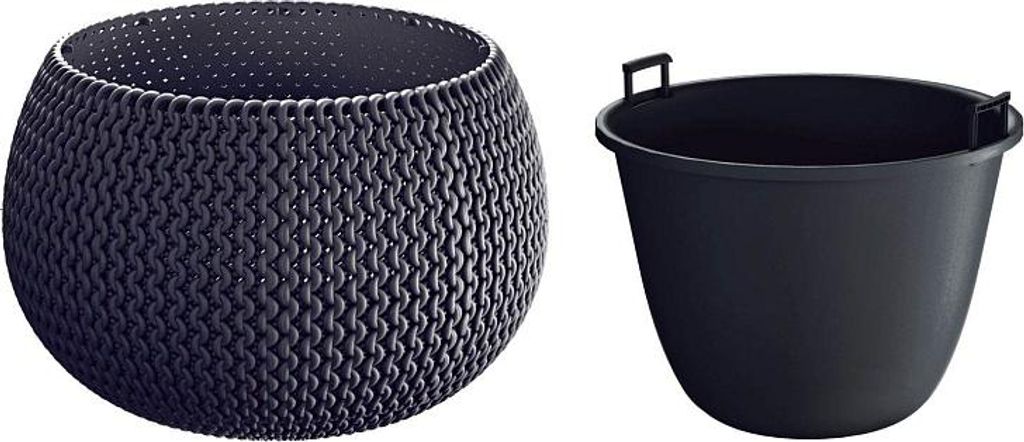 Two dark-colored planters are shown side-by-side against a white background.