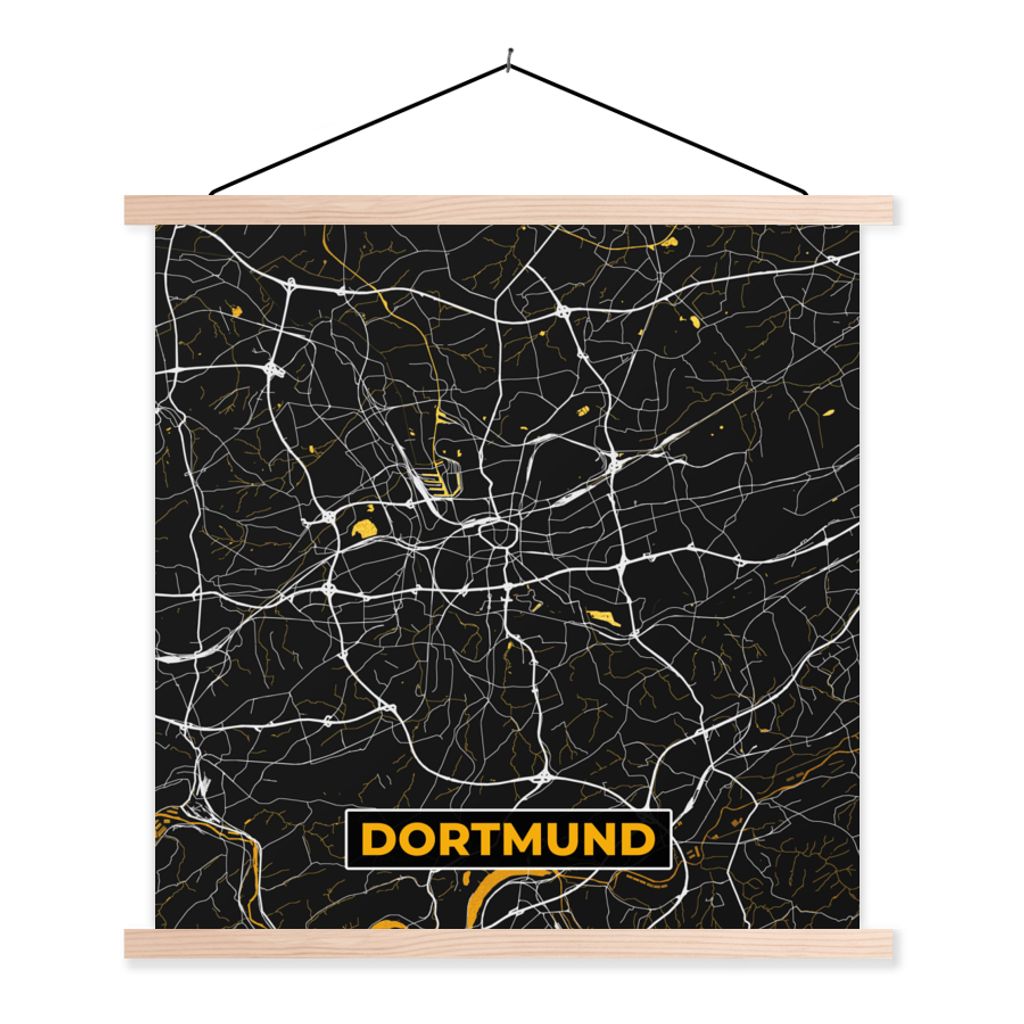 MuchoWow Textilposter Dortmund - Gold - Deutschland - Karte - Stadtplan 60x60 cm mit holzfarbenen Rahmen - Wanddekoration