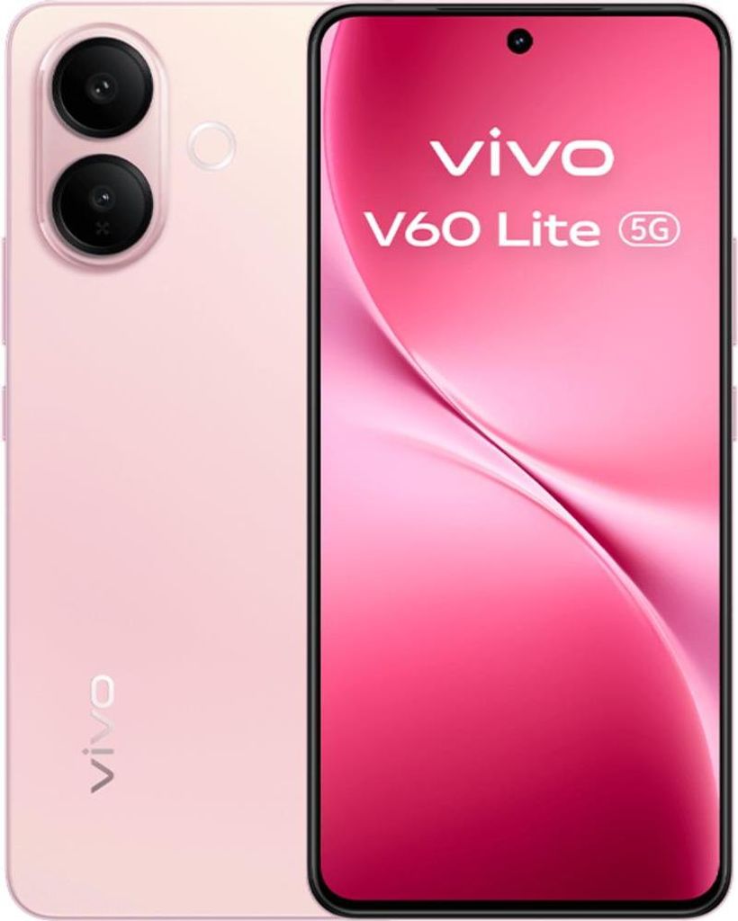 A pink Vivo V60 Lite 5G smartphone is shown from the front and back.