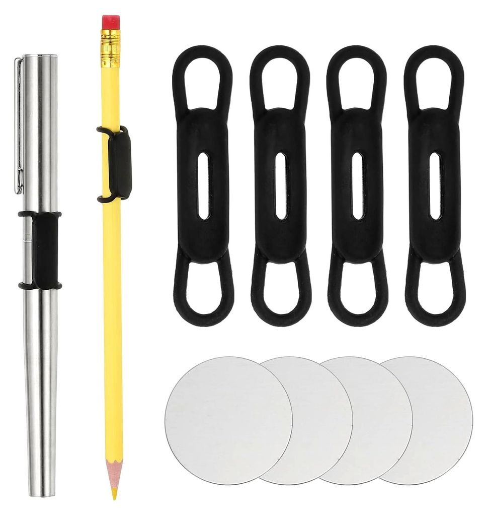 4 Stück Magnetischer Stifthalter, Flexibler Silikon Stifthalter mit Verstellbarem Organizer Clip und 4 Metallplatten für Kühlschrank, Whiteboard...