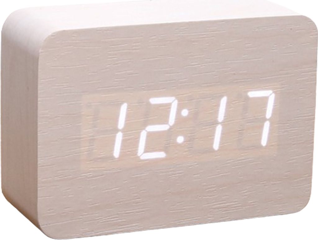 Digitaler Wecker aus Holz, einstellbare Helligkeit, Sprachsteuerung, LED-Uhr, rechteckige Anzeige, Zeit, Temperatur, Heimdekoration