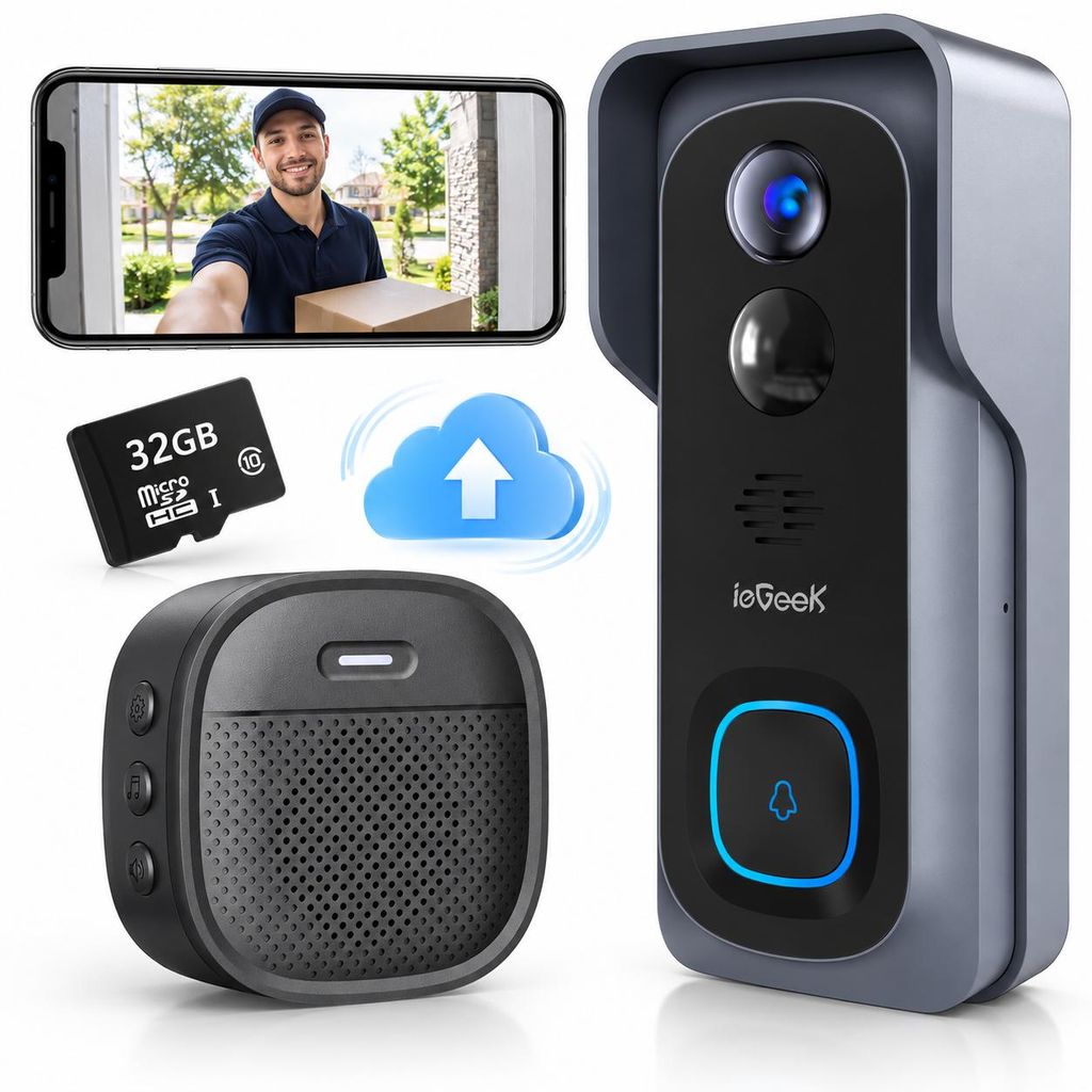 ieGeek 2K Videodeurbel met camera, 32GB SD-kaart, Wi-Fi, Productafbeelding 