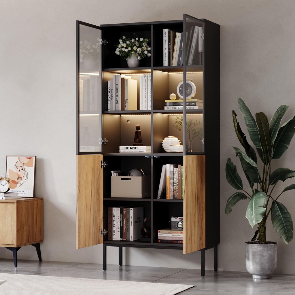 STILVORA Vitrine mit Glastüren&LED-Beleuchtung,5-stöckige Bücherregal für Sammlerstücke,Bücherregal oder Büro,Schwarz+Eiche