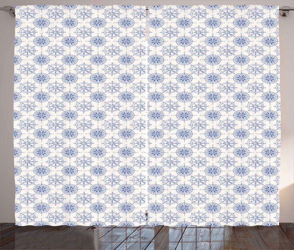 ABAKUHAUS Nautisch Rustikaler Vorhang, Rad-und Kompass-Motive, Wohnzimmer Universalband Gardinen mit Schlaufen und Haken, 280 x 225 cm, Weiß und blau