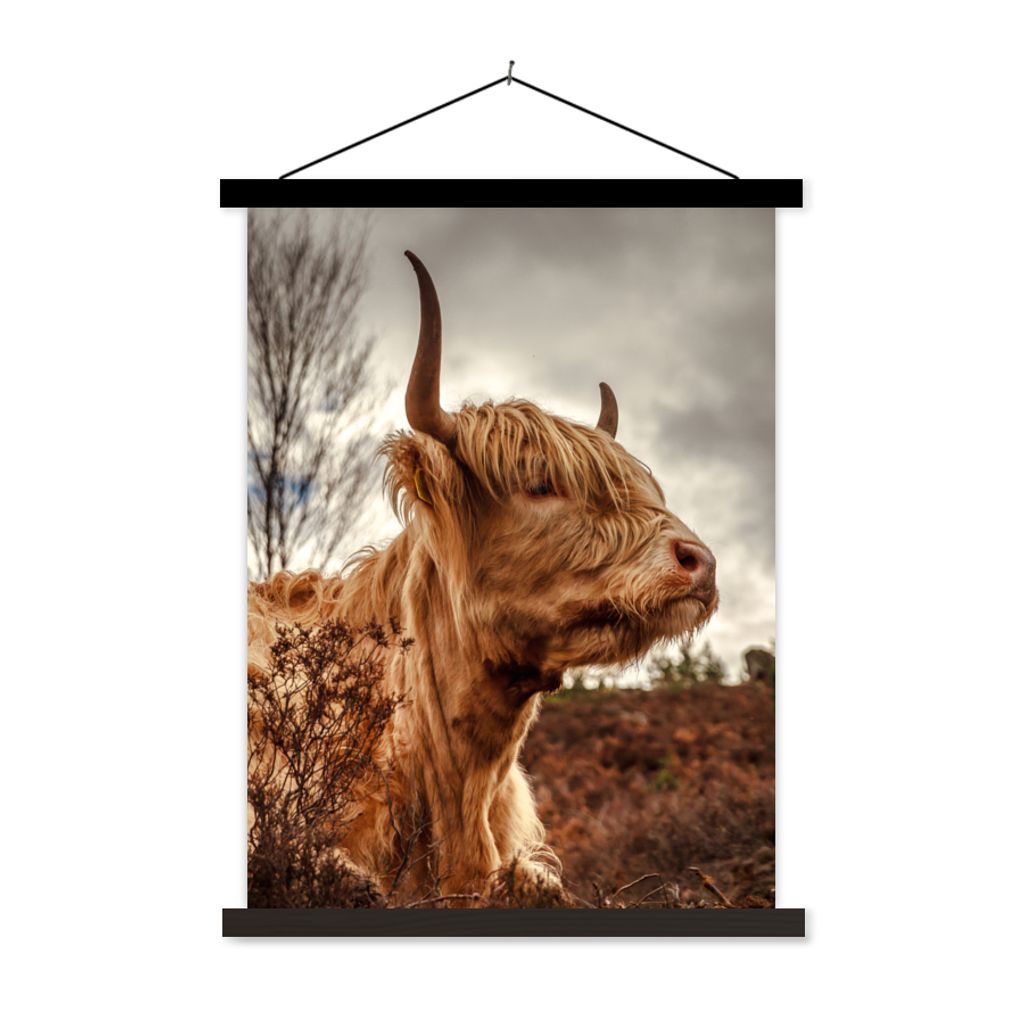 MuchoWow Textilposter Scottish Highlander - Strauch - Heidekraut 90x120 cm mit schwarzem Rahmen - Dekoration