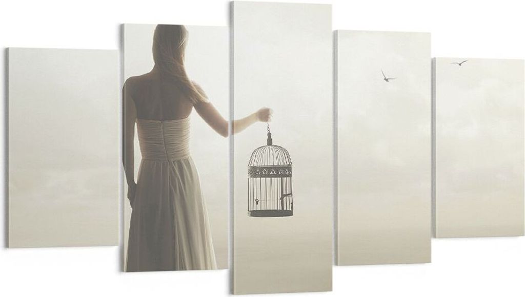 Bild auf Leinwand - Leinwandbild - 5 Teile - Frau Käfig Vogel - 160x85cm - Wand Bild - Wanddeko - Wandbilder - Leinwanddruck - Bilder - Wanddekora...