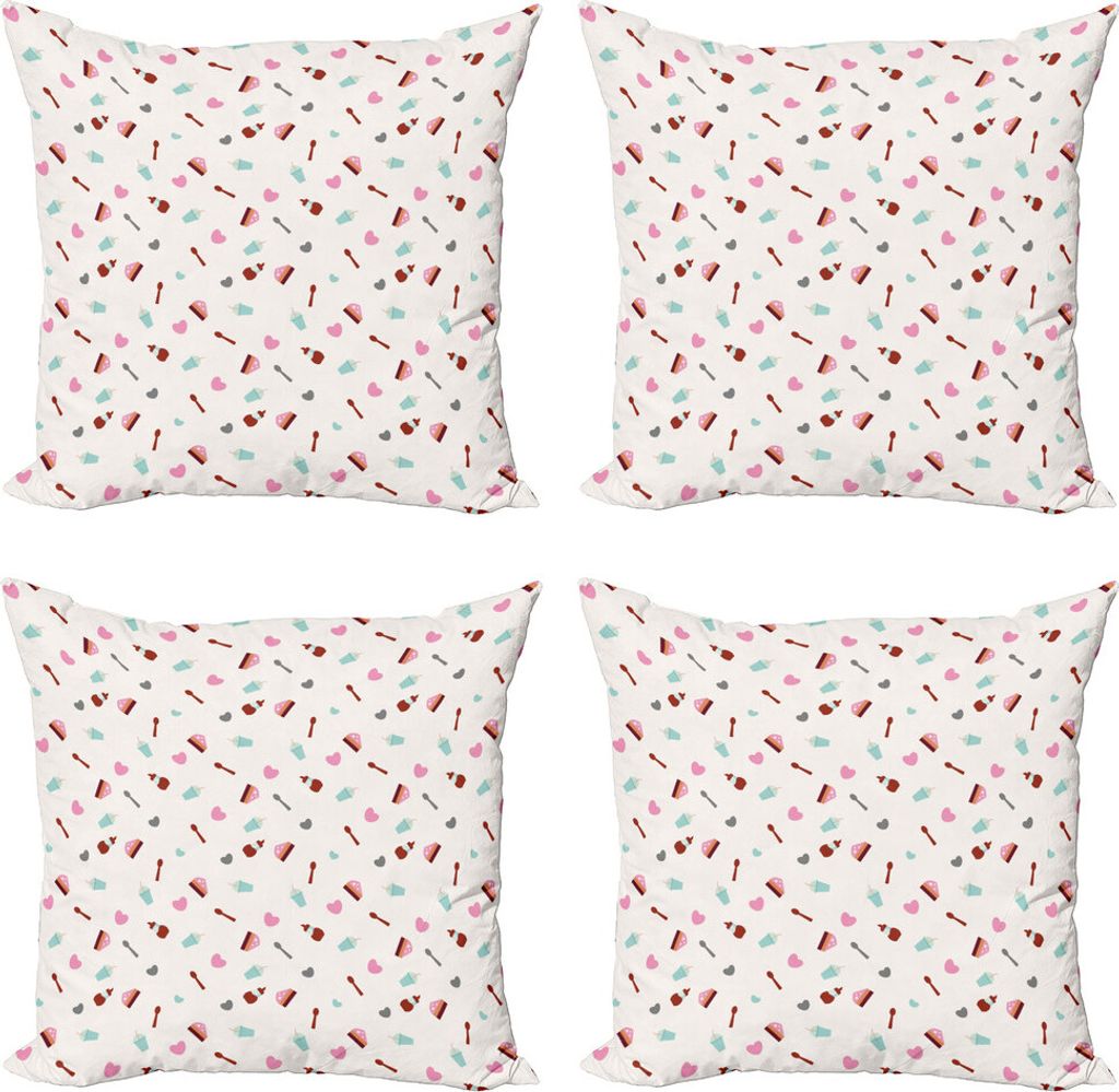 ABAKUHAUS Guten Appetit Kissenbezug Set (4 Stück), Kuchen Milkshake Herzen, Moderner Doppelseitiger Digitaldruck, 40 cm x 40 cm, Blassblau Off Wei...