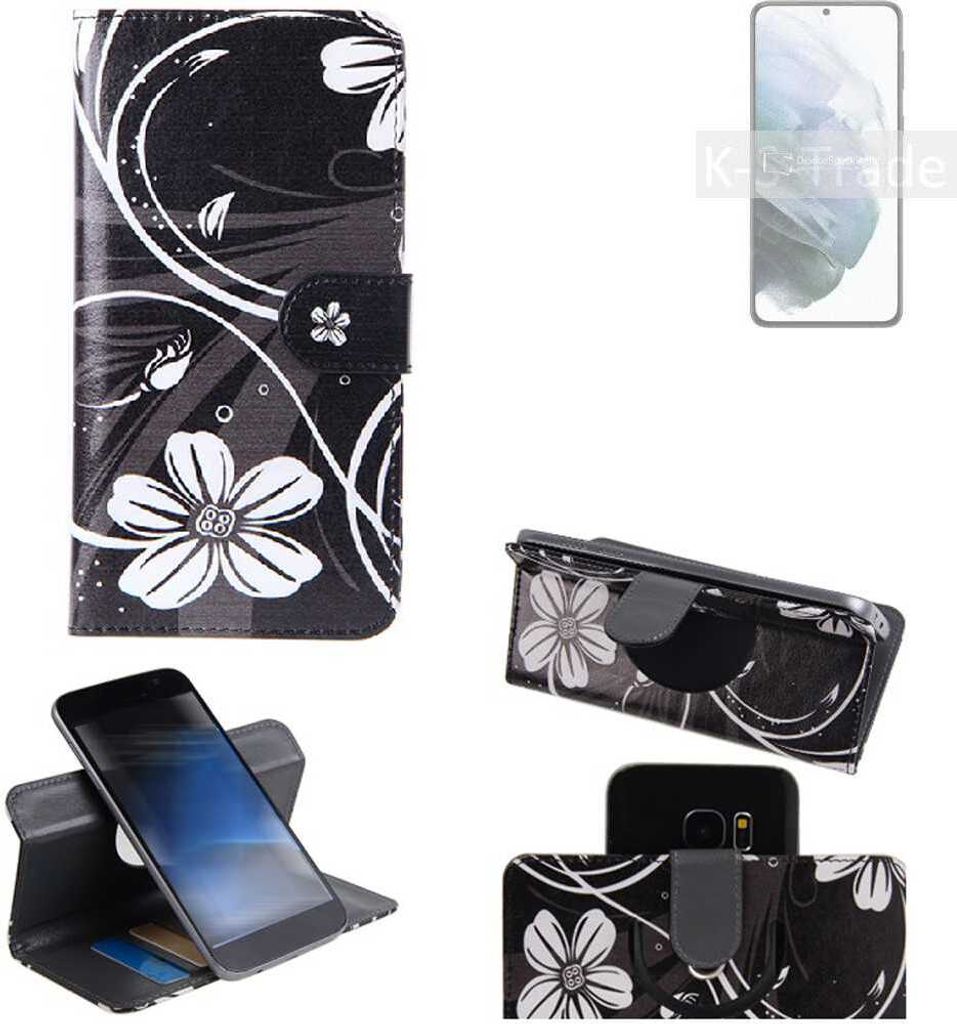 K-S-Trade Schutzhülle Handyhülle kompatibel mit Samsung Galaxy S21+ 5G Exynos Hülle 360° Wallet Case ''Flowers'' Klapphülle Hülle schwarz-weiß