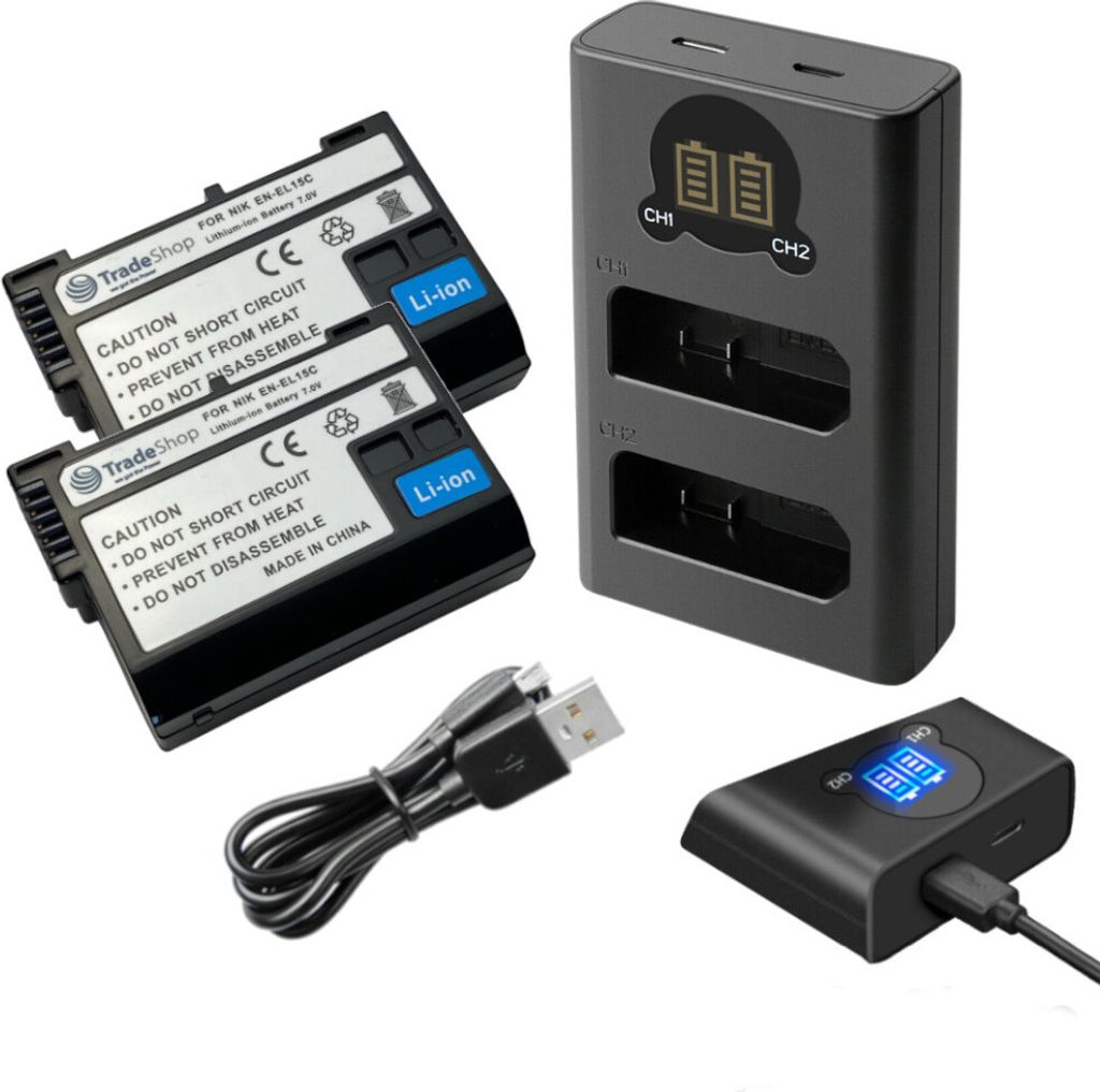 Trade-Shop 3in1 Set: 2x Akku 2400mAh + USB-C Dual LCD Ladegerät kompatibel mit Nikon 1 V1 D7100 D750 D7000 D7200 D7500 D500 D600 D610 D780 D800 D810