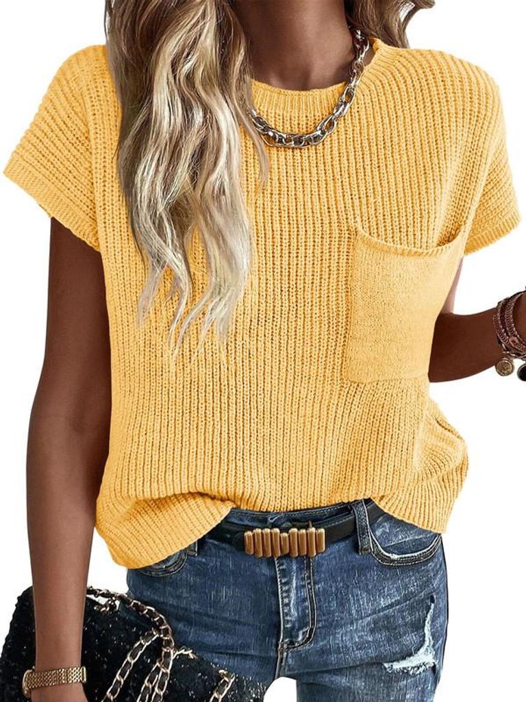 Imily Bela Sommer-Herbst-Pullover für Damen 2026 – Kurzarm, Rundhals, Rippstrick-Westen-Look, Trendige Strick-Tops