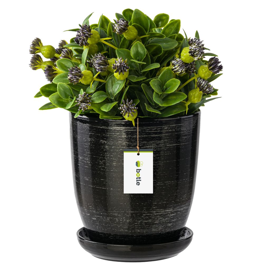 Blumentopf Blumenübertopf schwarz silber Blumenschale mit Untersetzer Rund Glanz Keramik Glamour H=21,5cm