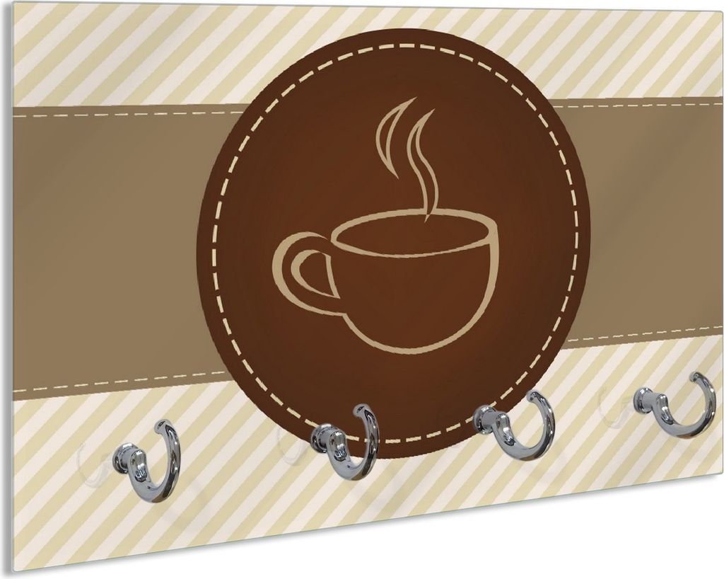 Wallario Schlüsselbrett aus Glas, Motiv: Kaffee-Menü - Logo Symbol für Kaffee, 30 x 20 cm mit 4 Haken