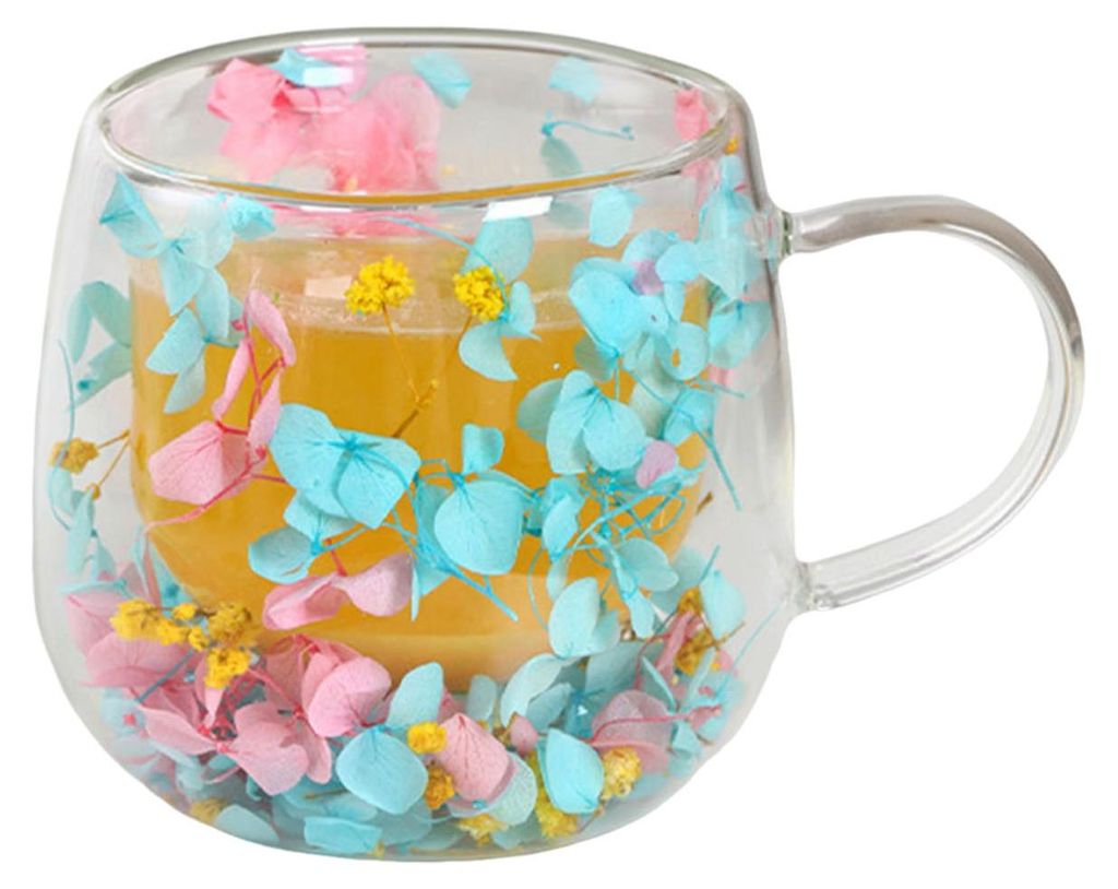 Doppelwandiger Glasbecher mit Trockenblumenmuster, 250 ml, hitzebeständiges Borosilikatglas, ideal für Milch, Kaffee, Frühstück, Nachmittagstee...