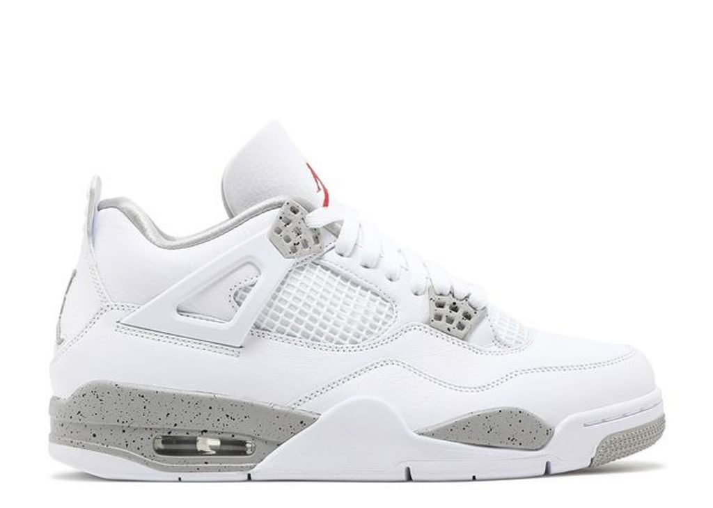 A side view of a white Air Jordan 4 Retro sneaker with gray speckled accents and a red Jumpman logo on the tongue.