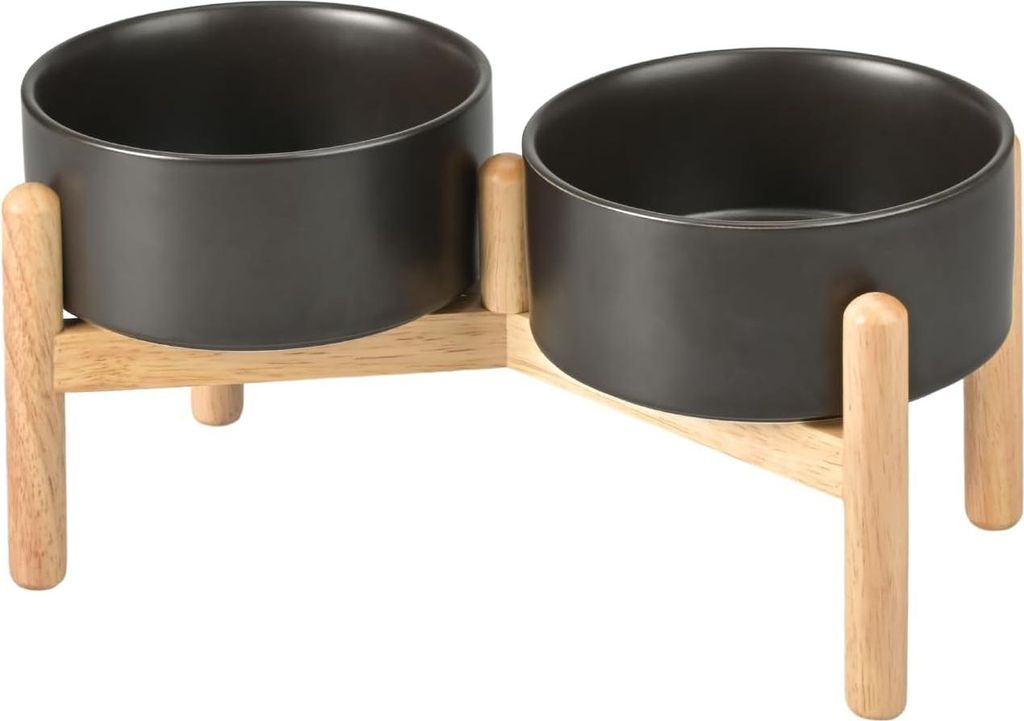 Erhöhte keramische Hundenapf mit Bambusständer - Futter- und Wassernapf für mittelgroße und große Hunde - 850 ml schwarz