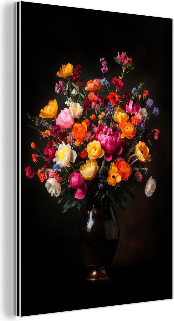 MuchoWow Wanddekoration Metall Metallbild Wandkunst 100x150 cm Bunt - Blumenstrauß - Vase - Dunkelbraun MuchoWow Aluminium Gemälde - Bild