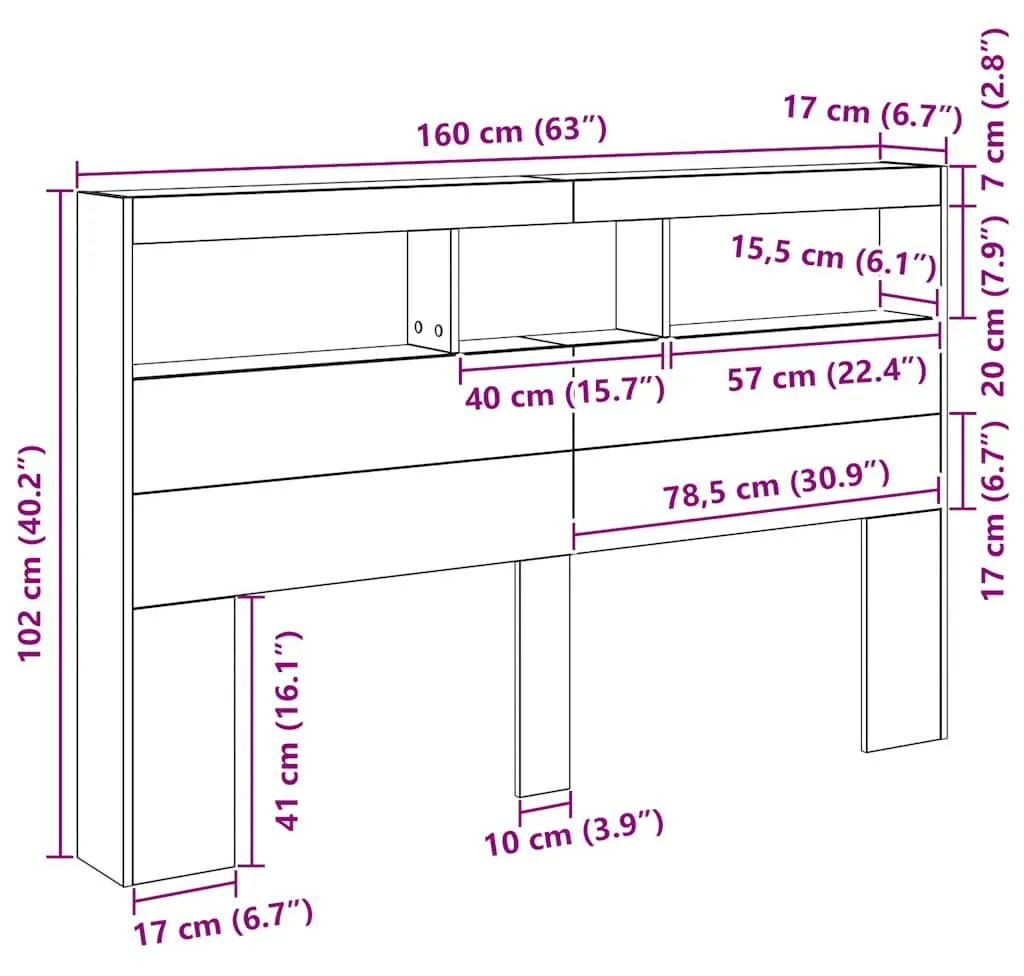 Tête de lit LED 160 cm Noir imitation Chêne avec rangements malins