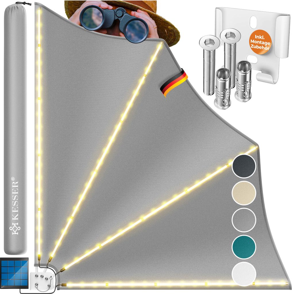 KESSER Balkonfächer mit LED | klappbar mit Wandhalterung | 140x140cm | Sichtschutz Balkon Windschutz | Balkonsichtschutz | Seitenmarkise | witte...