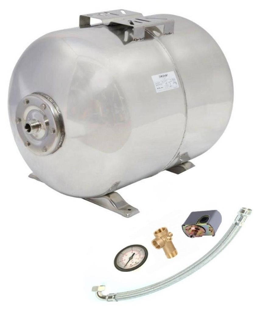 CHM GmbH Druckkessel 100 L Edelstahl Membrankessel mit Druckschalterset 5 teilig und Panzerschlauch