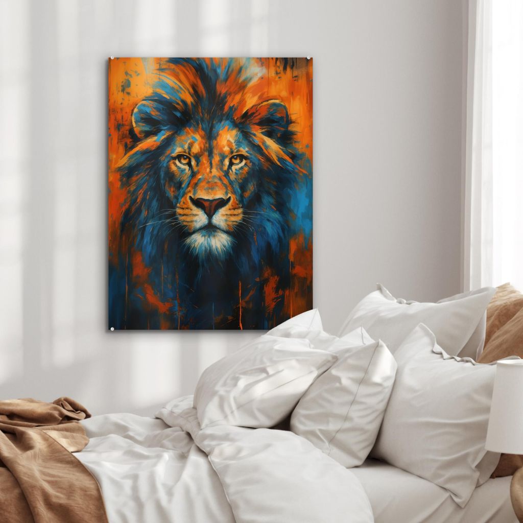 MuchoWow Glasbilder - Bilder auf Wandbild - Foto auf Glas Gemälde - Löwenkopf - Orange 60x80 cm Wanddekoration aus Glas - Acrylglasbild - Acrylbi...