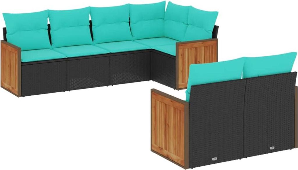 7-teiliges Gartensofa-Set mit Kissen, schwarzes Polyrattan