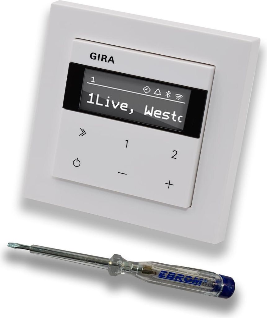 Gira Unterputz IP Internetradio 232003 + Bluetooth - E2 reinweiß glänzend mit 1fach Rahmen Gira 021129 inkl. EBROM Phasenprüfer zur Montage des ...