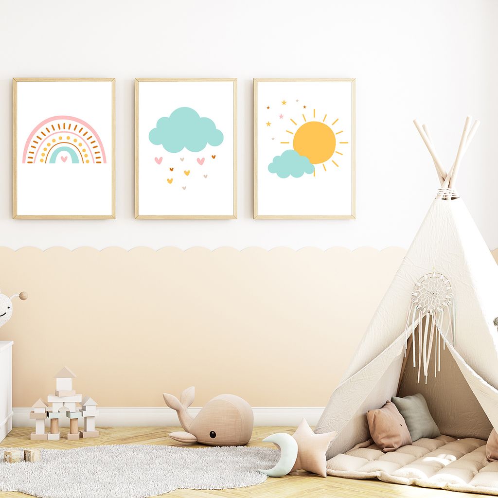 Regenbogen Wolke Sonne 3er Set Kinderzimmer Bilder DIN A4 Poster Babyzimmer Wandbilder Dekoration