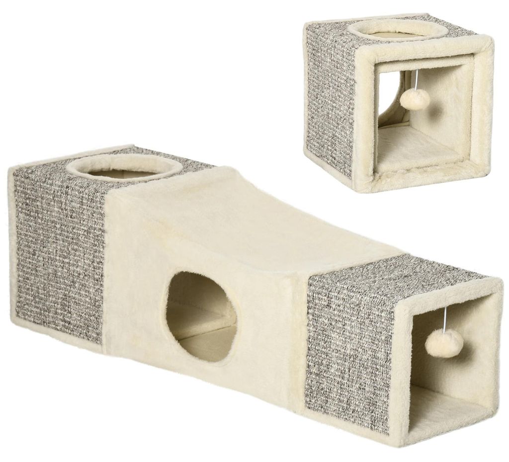 Katzentunnel - Spieltunnel - Faltbar - Raschelnd - Mit Ball - Katzenhöhle - 98 x 30 cm - Holz - Grau