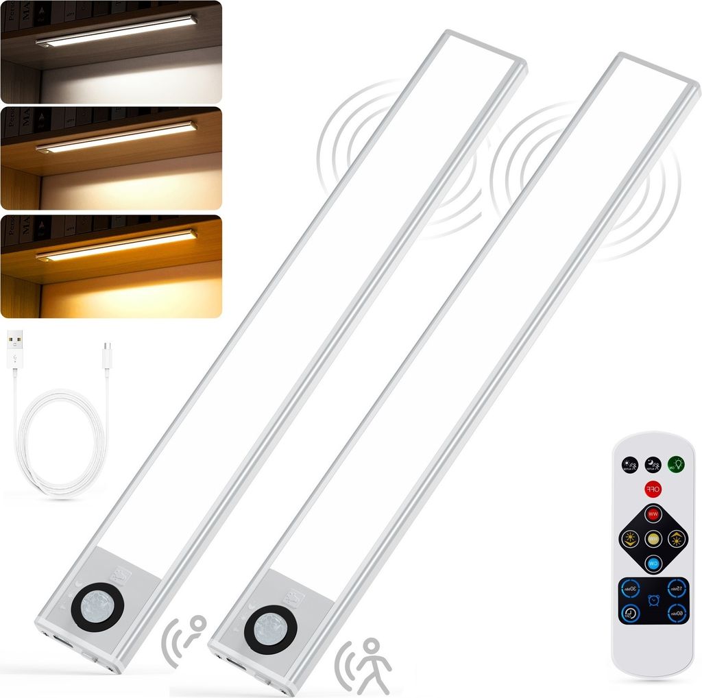 Forever 2Stk 40CM Led Unterbauleuchte Lichtleiste Mit Bewegungsmelder Fernsteuerung Kabellos Wiederaufladbare 3 Lichtfarbe Dimmbare Sensor Schrankleuc