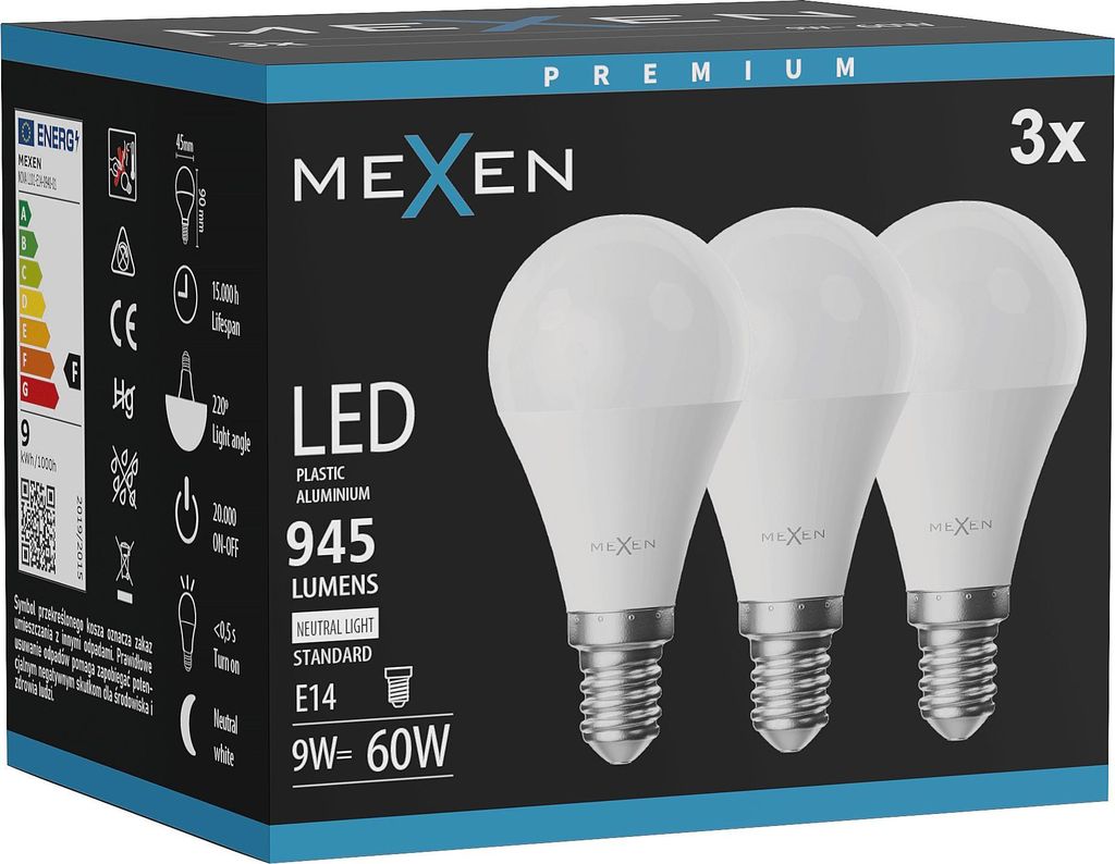 Mexen Nova 3x LED-Glühbirne E14, G45, 9W, Neutral - 4000K, Produktbild 