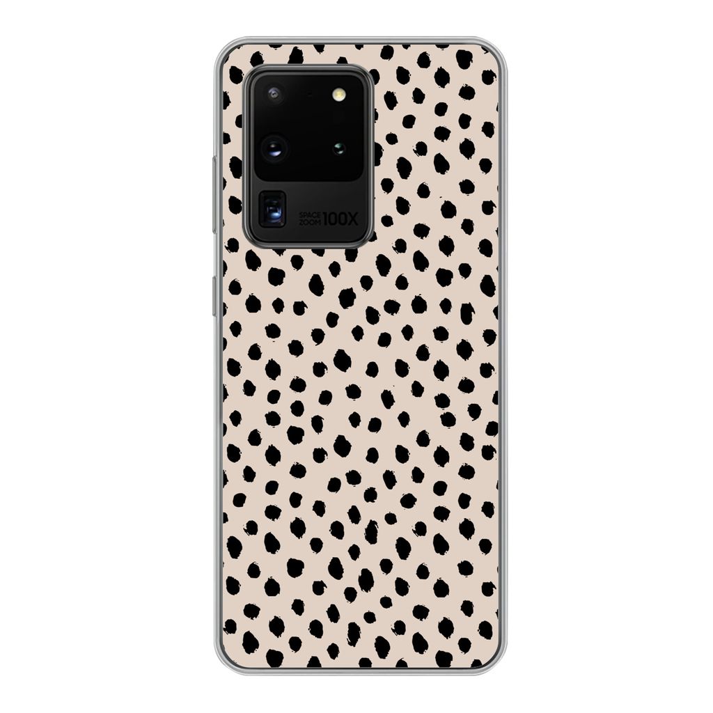 MuchoWow Handyhülle Schutzhülle Hülle für Samsung Galaxy S20 Ultra Polka dots - Schwarz - Beige Silikon Softcase Handy Hülle - Karteninhaber