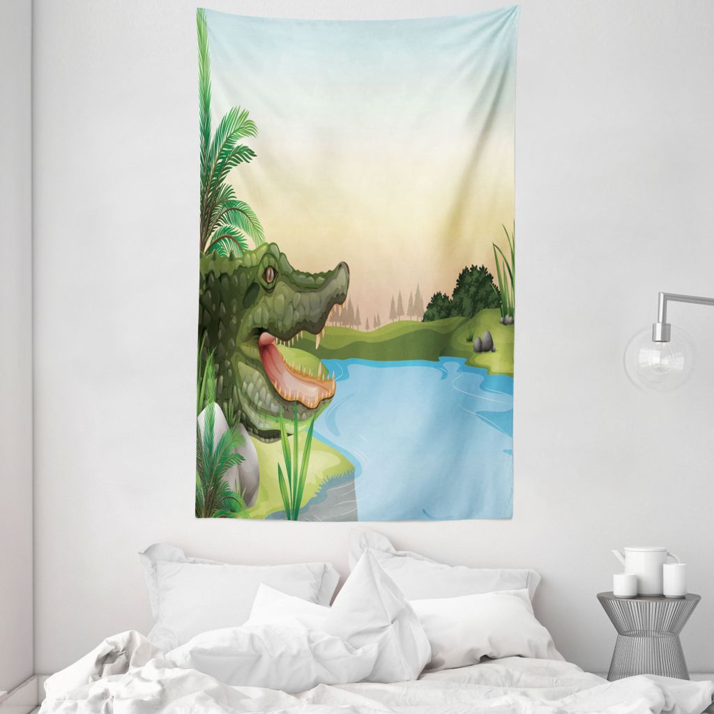 ABAKUHAUS Reptil Wandteppich und Tagesdecke, Palms Crocodiles Humor aus Weiches Mikrofaser Stoff Waschbar ohne Verblassen Digitaldruck, 140 x 230 c...