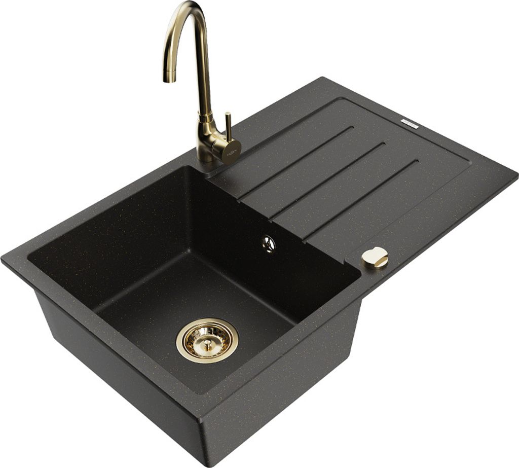 Mexen Bruno 1 Becken-Granitspüle mit Abtropffläche und Mischbatterie Telma, Schwarz/Gold - 6513-75-670200-50